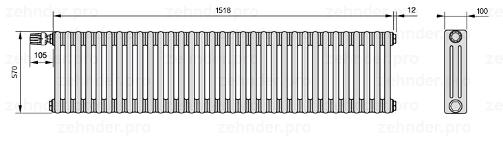 Схема (чертеж) Радиатор Zehnder Charleston 3057/33 №V011 Белый глянцевый RAL 9016